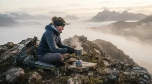 A backpacker using butane canisters for camping stove to boil water for a brew in the Scottish Highlands