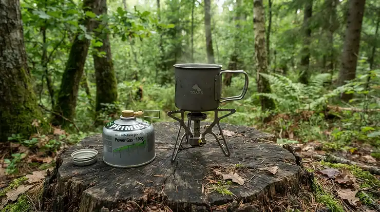 Bushcraft enthusiast testing butane canisters for camping stove under canopy in the New Forest
