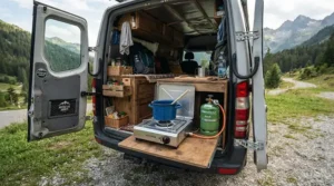 Campervan traveller setting up butane canisters for camping stove at a scenic layby on the NC500