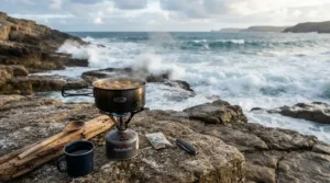 Fisherman using butane canisters for camping stove to cook fresh catch on the Dorset coast