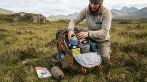 Solo hiker packing away butane canisters for camping stove into a rucksack in the Peak District