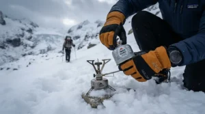 Winter mountaineer connecting butane canisters for camping stove during a cold trip in Snowdonia