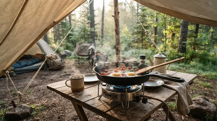 Preparing breakfast outdoors using butane canisters for caravan cooking under an awning