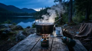 Cooking a warm evening meal with butane canisters for caravan cooking at dusk