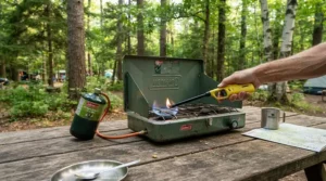 Camping stove powered by butane canisters for caravan cooking on a picnic table