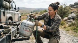 Safe handling of butane canisters for caravan cooking in a ventilated outdoor space