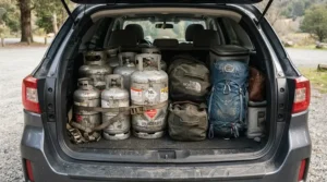 Spare butane canisters for caravan cooking packed securely in a boot