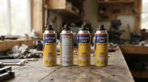 A value multipack of butane canisters for caravan cooking laid out on a counter