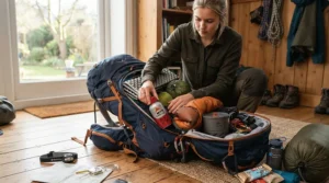 A backpacker packing lightweight butane gas canisters under £8 into a rucksack before a weekend hike.