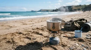 A small camping stove powered by butane gas canisters under £8 boiling water for tea at the beach.