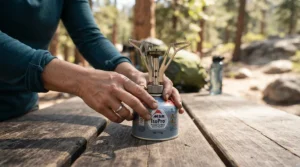 A person setting up a portable camping stove with butane gas canisters under £8 on a wooden picnic table during a summer trip.