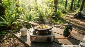 Cooking breakfast outdoors on a sunny morning using butane gas canisters under £8 and a compact burner.