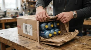 A customer unpacking an online delivery box containing value camping gas canisters.