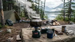Water boiling in a kettle on a portable burner running on camping gas canisters under £10