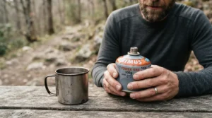 An entry-level compact size of camping gas canisters under £10 held beside a mug for scale