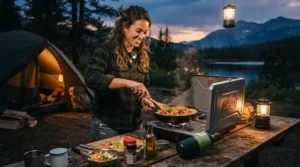 Cooking a simple trail meal using camping gas canisters under £10 as the sun sets