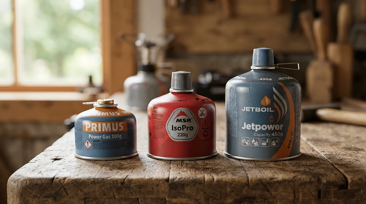 A selection of camping gas canisters under £10 lined up on a wooden table for product testing