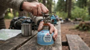 Demonstrating stove compatibility with camping gas canisters under £10 at a campsite pitch