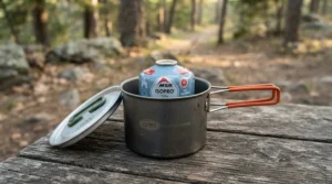 An ultralight cooking kit featuring camping gas canisters under £10 packed inside a titanium pot