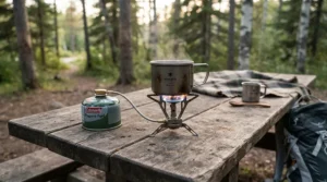 A portable stove powered by camping gas canisters under £10 set up on a picnic bench during a weekend trip