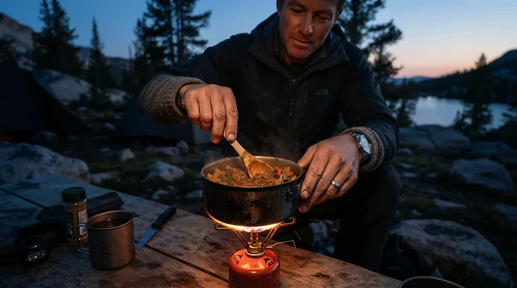 Preparing a hot evening meal with camping gas for cold weather as dusk falls over a misty British campsite