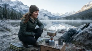 A hiker using camping gas for cold weather to boil water on a frost-covered stove during an autumn trek in Snowdonia