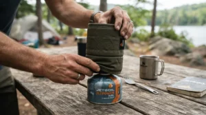 A camper wrapping an insulating cozy around camping gas for cold weather to maintain pressure during a winter overnight camp