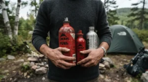 A buyer holding different sizes of camping gas for cold weather canisters outdoors near a tent during a chilly weekend trip