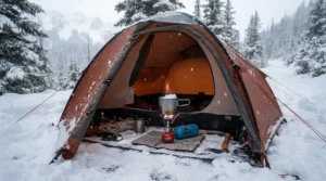 Using camping gas for cold weather inside a well-ventilated tent porch during a freezing sub-zero weekend camping trip