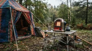 Portable plug-in cooking ring ready for festival use in a British campsite field.