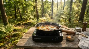 Cheap electric camp stove under £80 being used to fry food in a skillet outside
