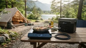 A compact 12V induction hob powering a frying pan in a camping setup