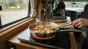 Cooking a hot meal on a compact 12V induction hob for motorhome trips