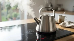 A compact single ring 12V induction hob rapidly boiling water in a kettle for tea