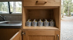 Storing spare butane gas canisters under £8 in the compact kitchen unit of a campervan.