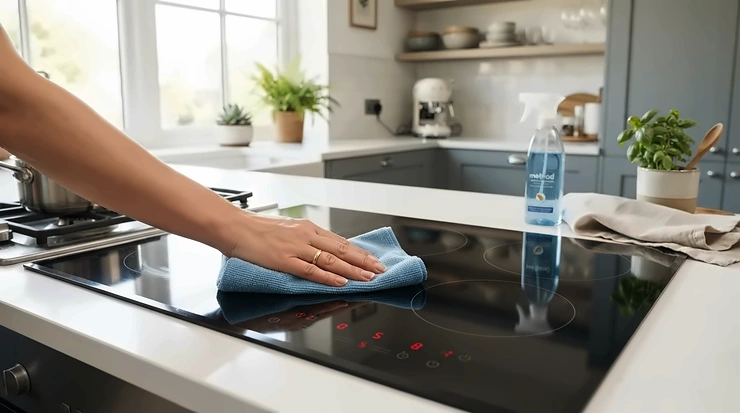 Wiping down the smooth glass surface of a single ring 12V induction hob after cooking