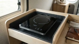 An economical 12V induction hob packed for a weekend road trip