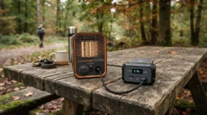 Compact mains-powered cooking appliance set up on a wooden picnic table for budget-conscious UK campers.
