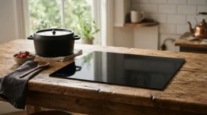An energy-efficient single ring 12V induction hob operating in an off-grid wooden cabin