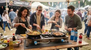 Preparing a group meal at a music festival using value camping gas canisters.