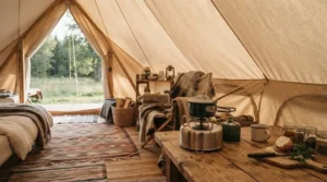 Lightweight electric camp stove under £80 on a wooden crate inside a stylish bell tent