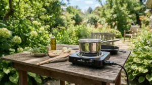 A lightweight single ring 12V induction hob set up on a folding table outside a tent