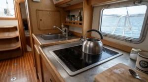 A low-wattage 12V induction hob in use aboard a modern sailing boat galley