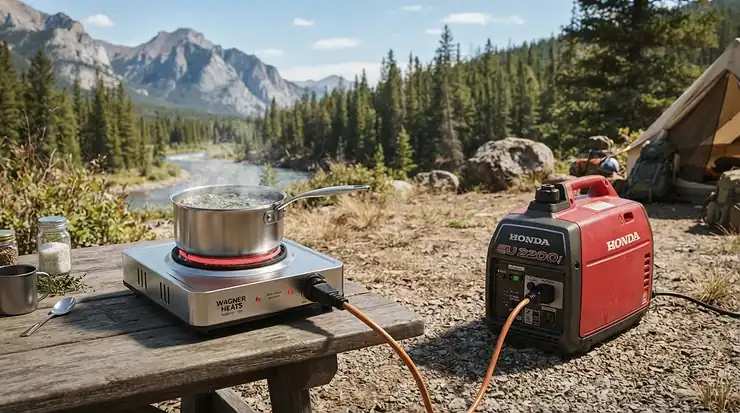Low wattage electric camp stove under £80 being operated safely on a folding camping table, electric camp stoves under £80
