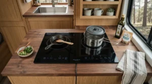 Modern black glass 12V induction hob for motorhome camper conversion
