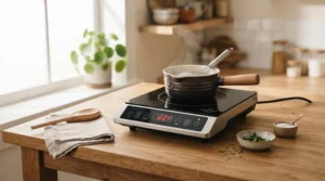 A portable 12V induction hob for motorhome setup on a wooden tabletop