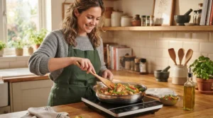A portable 12V induction hob used to cook a hot meal in a converted van