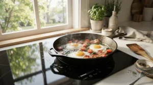 Cooking a full English breakfast in a cast iron skillet on a portable induction hob for camping.
