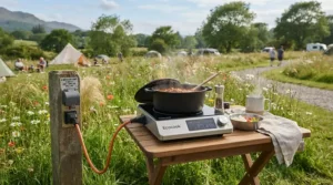 Using renewable electric hook-up with a portable induction hob for camping at an eco-friendly campsite.