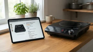 Reading online portable induction hob reviews on a tablet next to a portable induction hob for camping.